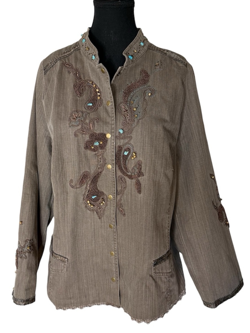 NANCY BOLEN CITY GIRL Embroidered Beaded Taupe Button Down Snap Jacket Size 18W